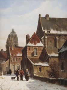 Figures Conversing On A Snowy Village Road by Adrianus Eversen
