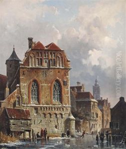 Gezicht Op Het Oude Gasthuis Te Zwolle: Skaters On A Frozen Waterway With A Capriccio View Of The Binnen-gasthuis, Zwolle by Adrianus Eversen