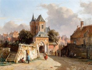 Stadsgezicht Met Figuren Bij Een Poort