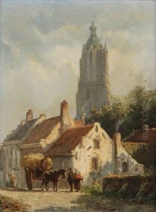 Ville En Hollande Anime De Figures Pres D'un Chariot A Foin Avec Eglise Gothique A L'arriere-plan