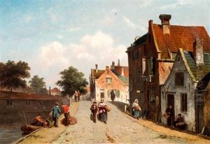 Zonnige Dorpsstraat Met Wandelaars En Groenteschuit Aan De Kade Zonnige Dorpsstraat Met Wandelaars En Groenteschuit Aan De Kade
