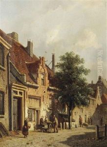 A Sunlit Street With Figures by Adrianus Eversen