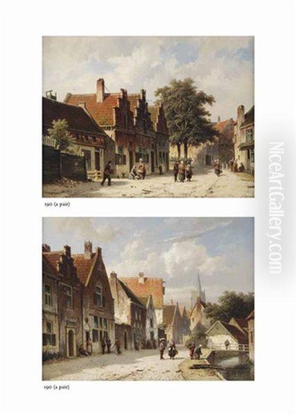 Villagers Strolling In A Sunlit Street (+ Villagers Walking Along A Canal, A Church In The Distance; Pair) - view 1