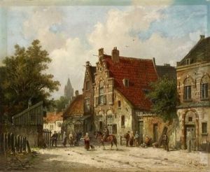 Strasenszene In Einer Hollandischen Kleinstadt by Adrianus Eversen