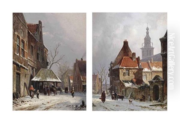 Horses In A Dutch Street In Winter (+ A Capriccio View Of Breda In Winter With A Church Beyond; Pair) - view 1