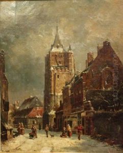 Dutch Street Scene With Tower (+ Dutch Street Scene With Steeple Betond; Pair) by Adrianus Eversen