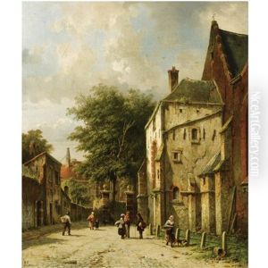 A Streetscene In A Dutch Town by Adrianus Eversen