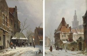 Horses In A Dutch Street In Winter; A Capriccio View Of Breda In Winter With A Church Beyond by Adrianus Eversen