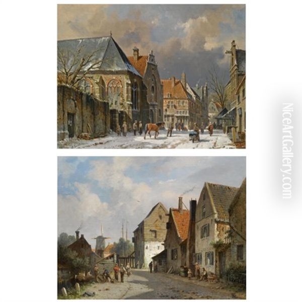 Figures In The Snow Covered Streets Of A Dutch Town (+ Figures In A Dutch Town In Summer; Pair) - view 1