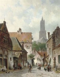 A Capriccio View Of A Busy Street In Amersfoort by Adrianus Eversen