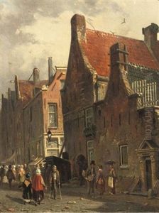 Townsfolk In A Busy Street by Adrianus Eversen