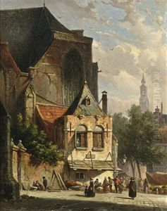 A Busy Market In A Dutch Town by Adrianus Eversen