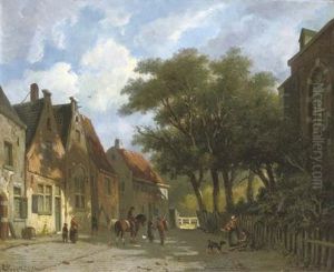 Activities On A Village Street Near A Church In Summer by Adrianus Eversen