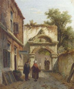 Figures By A Town Gate by Adrianus Eversen