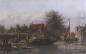 A Houseboat Moored By A Dutch Town