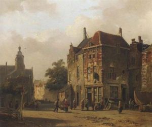 Numerous Figures In A Sunlit Town Square