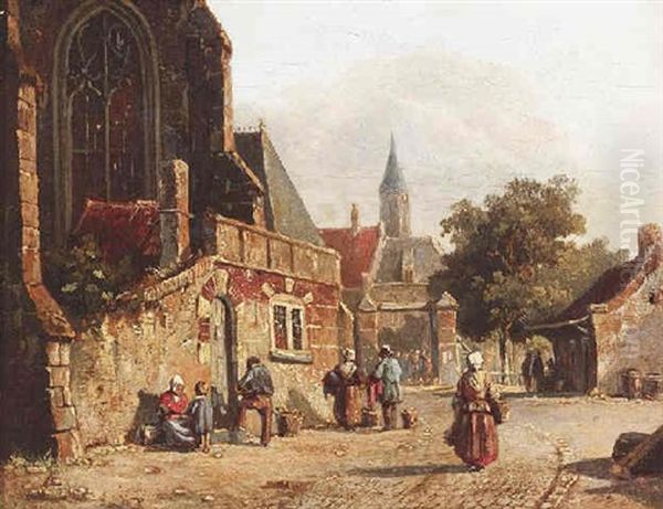 Hollandische Stadtansicht. Bauersleute Stehen Mit Korben Auf Dem Weg Vor Einer Kirche - view 1