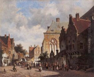 A View Of A Dutch Sunlit Town by Adrianus Eversen