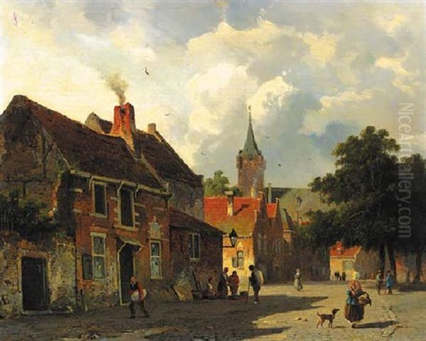 A Sunlit Village Square With Figures Conversing - view 1