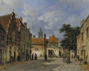 Figures Strolling In A Sunlit Street by Adrianus Eversen