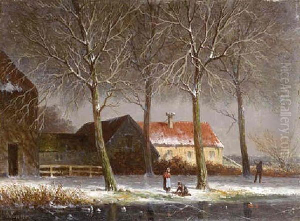 Peasants On A Tree-lined, Snowcovered Track, With Farms Beyond - view 1