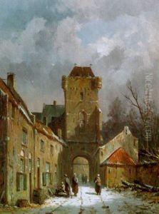 Winterliches Hollandisches Stadtchen Mit Altem Stadttor Und Passanten by Adrianus Eversen