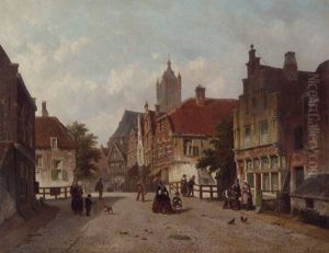 A Sunlit Town With Elegant Figures Strolling Near A Bridge by Adrianus Eversen