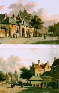 A View Of A Town With A Savings Bank To The Left by Adrianus Eversen