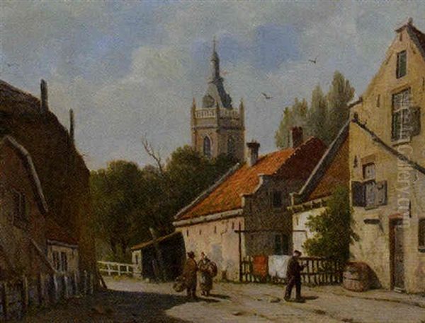 A Sunlit Village With Figures Conversing, A Churchspire In The Distance - view 1