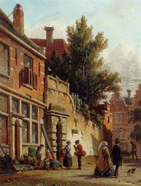 A Town View With A Man Selling Vegetables And A Couple Passing By - view 1