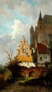 Dutch Townscape With Figure And Dog by Adrianus Eversen