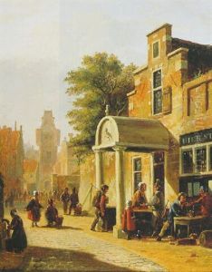 Stadsgezicht Met Figuren Bij Een Taveerne by Adrianus Eversen