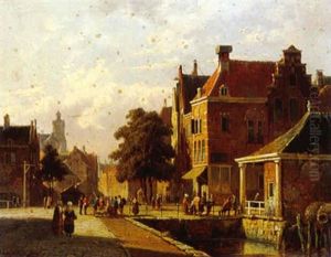 A View In A Town With Villagers On A Market Square by Adrianus Eversen
