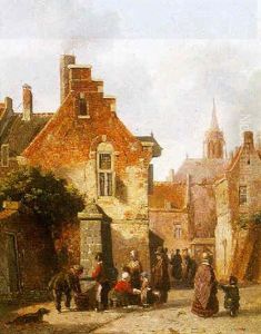 A Street Scene With Figures By A Waterpump