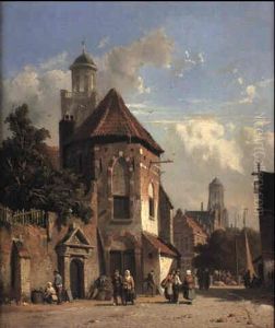 Dutch Street Scene With Figures by Adrianus Eversen