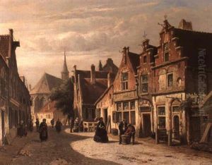 Dutch Street Scene With Figures by Adrianus Eversen