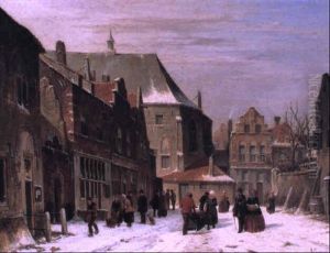 Figures In A Dutch Street, Winter by Adrianus Eversen