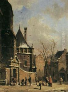 A Dutch Town On A Sunny Day In Winter by Adrianus Eversen