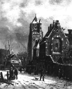 Figures In A Street Of A Dutch Town In Winter by Adrianus Eversen