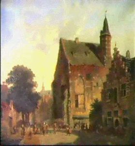 Busy Street Scene With Figures Before A Church
