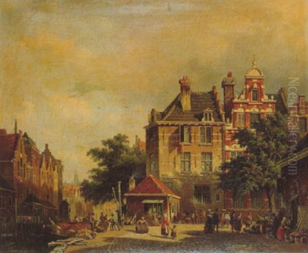 A Dutch Street Scene With Numerous Figures Along A Canal - view 1