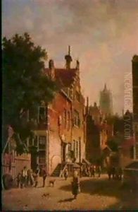 A Busy Street Scene With A Church Beyond by Adrianus Eversen