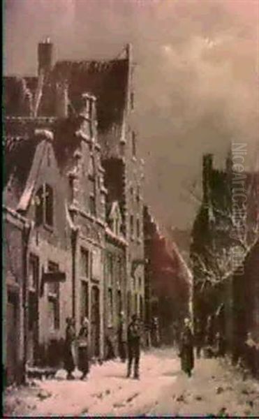 A Dutch Streetscene With Numerous Figures In Winter - view 1