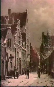 A Dutch Streetscene With Numerous Figures In Winter by Adrianus Eversen