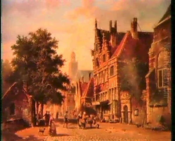 A View In A Town With Several Figures In A Street - view 1