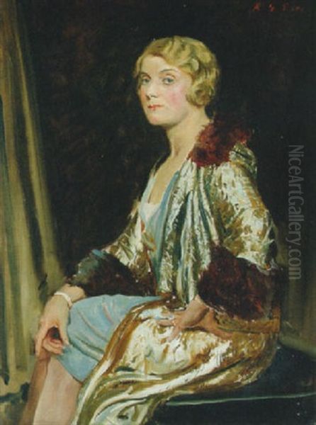Portrait Of A Lady In A Blue Dress And White Fur-trimmed Robe, In An Interior - view 1