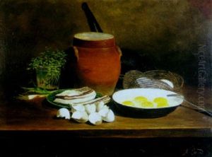 A Still Life With Eggs, Bacon And Green Onions by Adele Evrard
