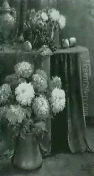 Still Life With Chrysanthemums Grapes, Apples And An Urn On A Draped Table - view 1