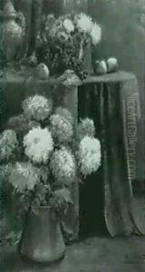 Still Life With Chrysanthemums Grapes, Apples And An Urn On A Draped Table
