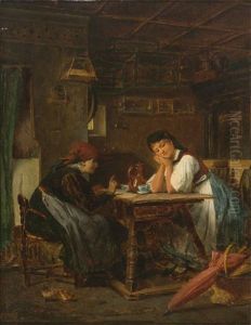Bei Der Kartenlegerin. Junge Frau In Tracht Wird Von Einer Alten Kartenlegerin In Malerischer Stube Beraten by Heinrich Ewers